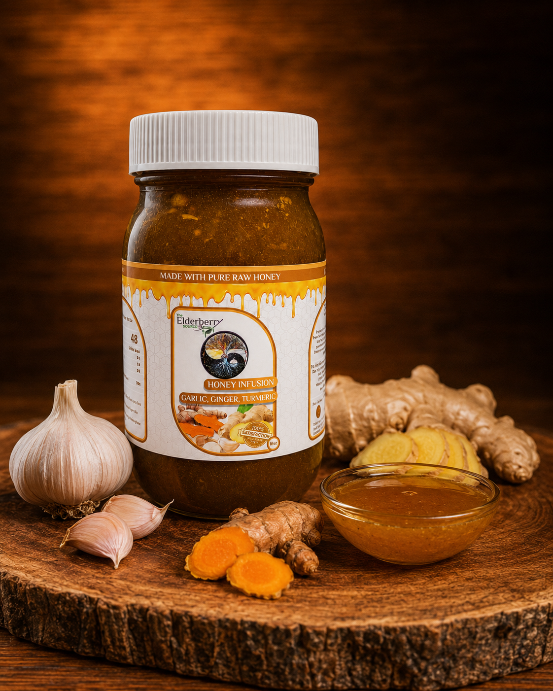 Jar of The Elderberry Source Honey Infusion with garlic, ginger, turmeric, and honey arranged on a wooden round.