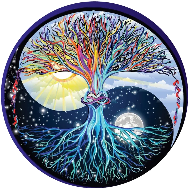 Tree of Life secondary brand emblem with a sun, moon, colorful tree, and roots